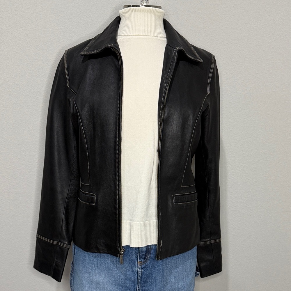 Modern Essentials Black Leather Jacket w Contrast Stitching Size M